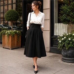 Nordstrom Paperbag Waist A-Line Midi Skirt Women's M Black NWT